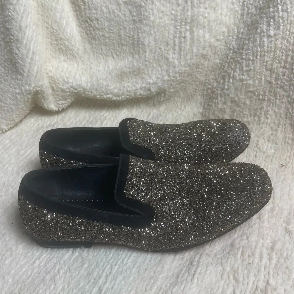 Moretti Black lane is leather black Men's Glitter Loafers suede trims SZ11.5